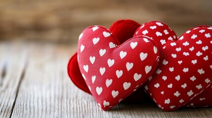 Red & white heart-patterned pillows on weathered wood surface. Festive, loving, cozy feeling
