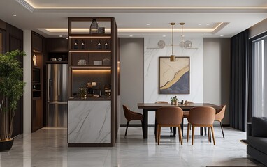Bright, modern interior with dining table, artwork, and sleek kitchen design