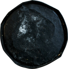 A round, black baking pan showing signs of use, possibly for cooking or baking purposes.