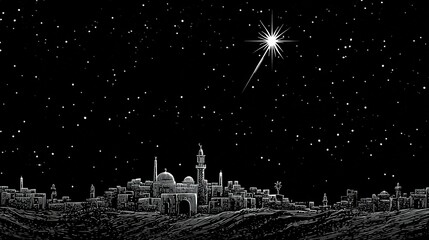 Minimalist line art of Bethlehem skyline with the Star of Bethlehem above and empty space below for a scripture quote. Perfect for Christmas cards, devotionals, and spiritual designs.
