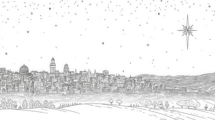 Minimalist line art of Bethlehem skyline with the Star of Bethlehem above and empty space below for a scripture quote. Perfect for Christmas cards, devotionals, and spiritual designs.
