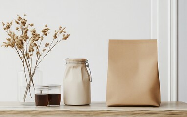 Simple, clean composition. Glass jar, glass vase with dried plants, paper bag, on wooden surface