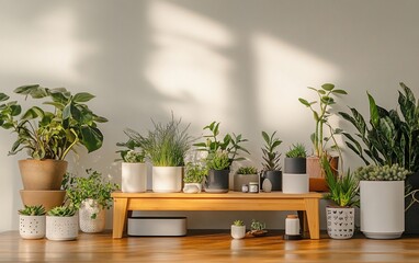 Interior shot of potted plants arranged on wood floor and shelf, lit by sunlight