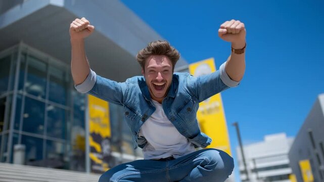 Excited person screaming mid-fall for community benefit