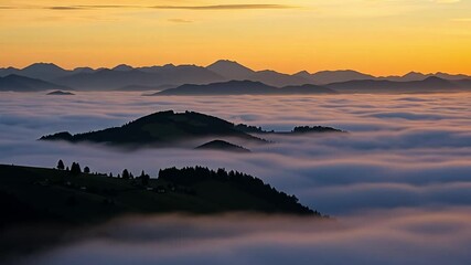 A scenic mountain landscape with rolling hills covered in mist during sunrise as golden light glows through the clouds and morning fog across the peaceful valley - Powered by Adobe