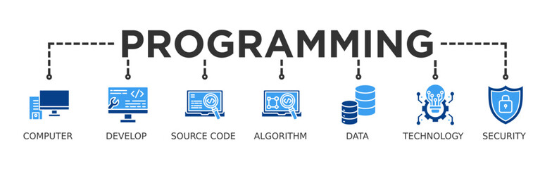Programming banner web icon vector illustration concept with icon of computer, develop, source code, algorithm, data, technology and security