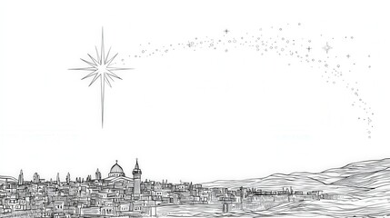 Minimalist line art of Bethlehem skyline with the Star of Bethlehem above and empty space below for a scripture quote. Perfect for Christmas cards, devotionals, and spiritual designs.
