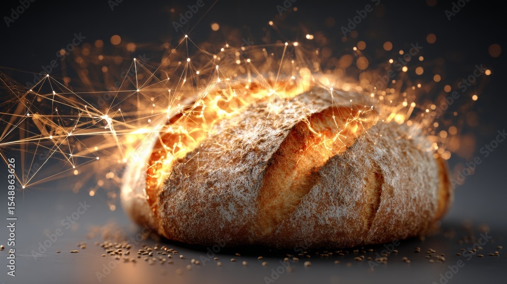 Poster artistic abstract bread with glowing network overlay on rustic loaf