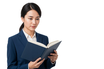 Fototapeta premium Focused businesswoman reading a book, concept for education, learning, career growth, and professional development themes