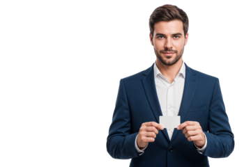 Confident businessman in formal suit holding a blank business card, isolated on transparent background. Ideal for branding, contact, identity, or corporate design concepts