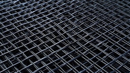 Close up shot showing a roll of dark metal wire mesh with a diamond pattern and dark background