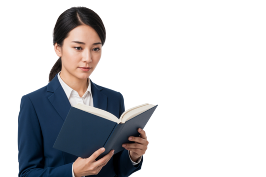 Focused businesswoman reading a book, concept for education, learning, career growth, and professional development themes