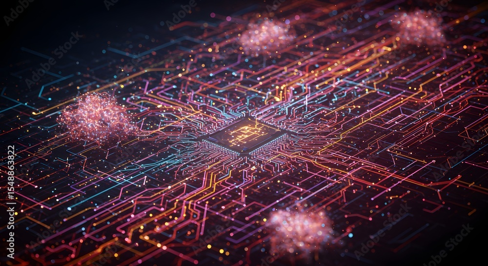 Aufkleber abstract circuit board with glowing connections and data clouds digital art
