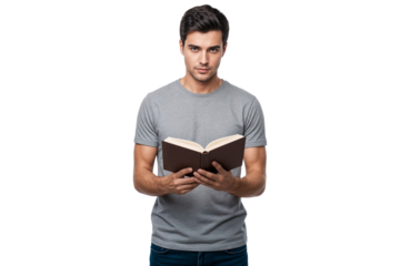 Young man in casual clothes holding and reading an open book while looking forward, isolated on transparent background