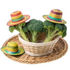 Four broccoli florets topped with colorful straw hats, each placed in a wicker basket, creating a whimsical and stylish presentation on a white background.
