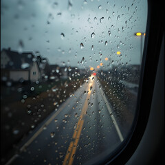 Rainy Road View Through Window with Water Droplets