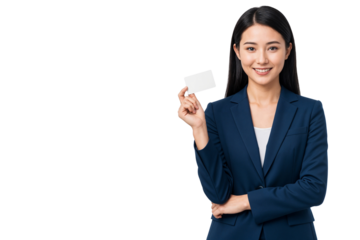 Young entrepreneur in navy suit holding an empty business card, perfect for marketing, corporate branding, or personal identity mockups, isolated on transparent background