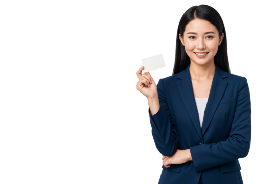Young entrepreneur in navy suit holding an empty business card, perfect for marketing, corporate branding, or personal identity mockups, isolated on transparent background