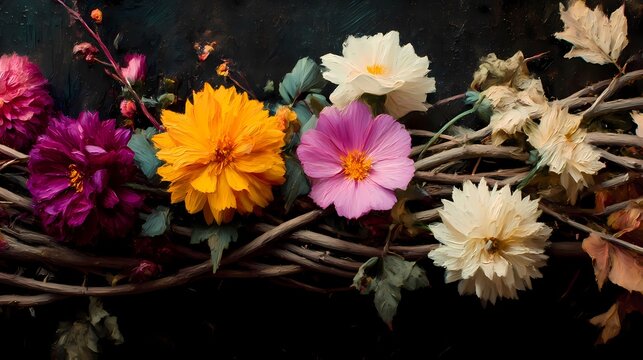 oil impasto cosmos life, oil impasto floral art featuring cosmos, cosmos bloom in oil impasto with vivid oil impasto composition