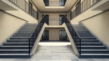 Fototapeta premium Hallway Perspective of Apartment Building Stairs with Concrete Steps and Black Railings on Beige Walls
