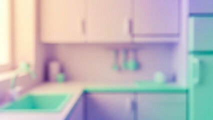 Blurry view of a kitchen with cabinets sink and refrigerator in soft colors.
