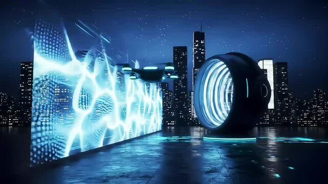 Futuristic Drone Flight Over a Neon Cityscape with Holographic Display at Night