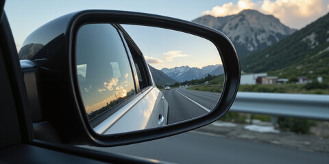 Fototapeta premium A detailed view of a car's rearview mirror, reflecting a winding road and the surrounding scenery, capturing the driver's perspective and the anticipation