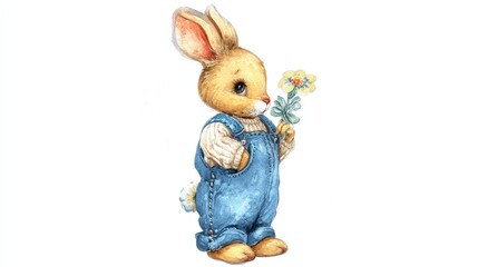 Adorable watercolor bunny in blue overalls holding a flower, illustrated on a white background. Perfect for nursery decor, baby shower invitations, greeting cards, and springtime themes.
