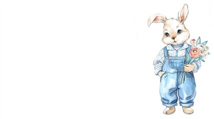 Adorable watercolor bunny in blue overalls holding a flower, illustrated on a white background. Perfect for nursery decor, baby shower invitations, greeting cards, and springtime themes.
