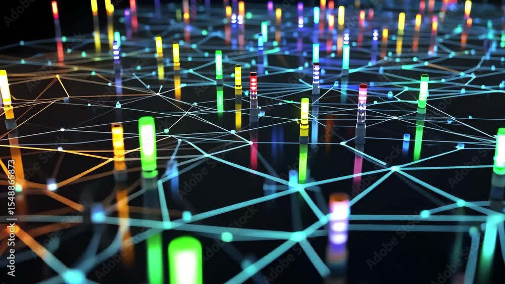 Poster an artistic interpretation of vibrant data flowing through interconnected networks in a digital land