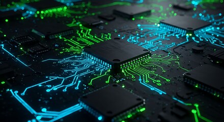 Futuristic Circuit Board Background with Glowing Blue Green Tech and Digital Copy Space.