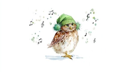 Charming watercolor owl in a green winter hat singing Christmas carols, with floating musical notes on a white background. Perfect for festive cards, children’s books, and holiday designs.
