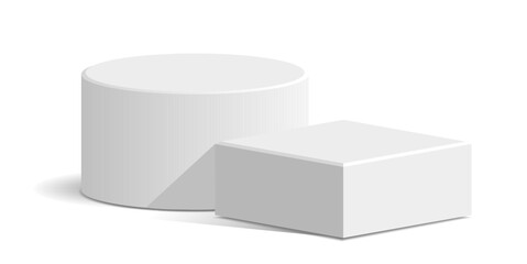 Cylinder and cube blocking white podium stage pedestal and platform vector, a minimalist display composition. Ideal for product showcases, geometric presentations, and modern abstract backdrops.