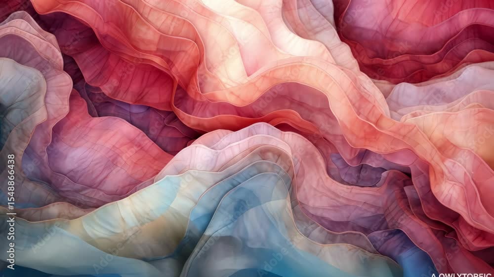Poster layers of dyed washes seamlessly blend together, creating a harmonious display of soft hues, reminis
