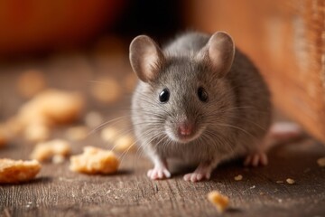 Curious grey mouse exploring wooden surface with crumbs