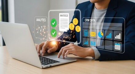 Man using laptop with analytics invoice and crm data interface overlay for business management task