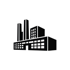 Factory building icon in black and white industrial complex silhouette