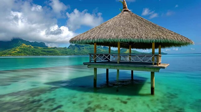 Discover the tranquil beauty of Bora Bora Island in French Polynesia with its stunning blue waters and lush mountains in the background, perfect for relaxation and scenic views
