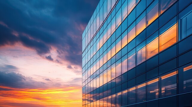 Contemporary glass building reflecting a captivating twilight gradient sky