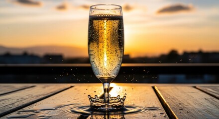 A champagne flute filled with bubbly liquid sits on a wooden surface at sunset with water splash
