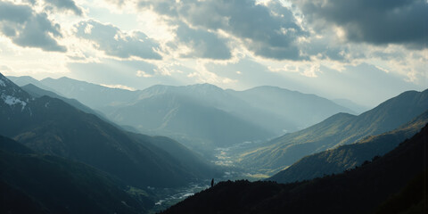 Market Volatility Foggy Mountains with Line Chart Layers of foggy mountains with a superimposed, fluctuating line chart representing market volatility.