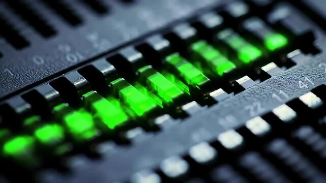 Macro Shot of Green Illuminated DIP Switches on a Dark Circuit Board