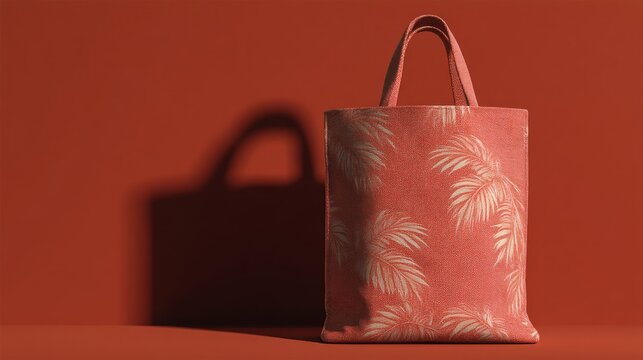 Stylish red tote bag with palm leaf pattern on solid orange background