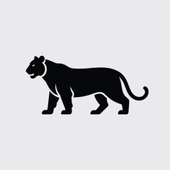 Black Silhouette of a Tiger Walking Side Profile on Light Gray Background Simple Minimalist Design Vector Graphic