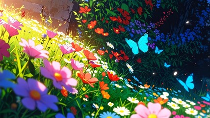 colorful vibrant flowers in anime style