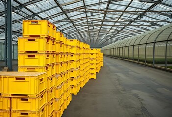 Neat stacks of yellow crates sit before long polytunnels, produce, inventory