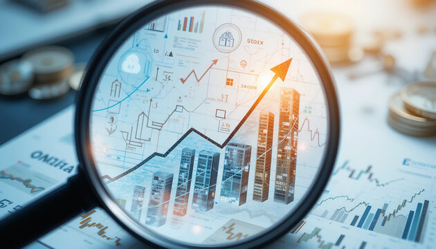 digital stock market dimensions in magnifying glass style.