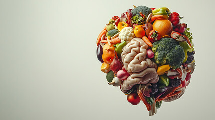 A human brain surrounded by a variety of colorful fruits and vegetables, symbolizing healthy eating and cognitive function.