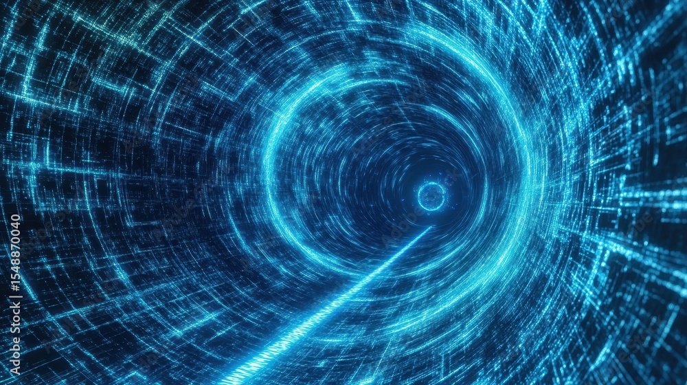 Poster dynamic blue flow: abstract futuristic tunnel of glowing particles reflecting accelerated data movem