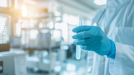 Close-Up of Focused Doctor Holding Medical Test Tube in Blurred Laboratory Setting, Representing Early Disease Detection and Preventive Healthcare